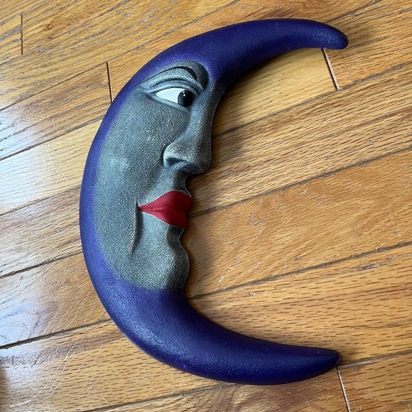 Vintage 90s Ceramic Purple Moon Face Decor - Picture 2 of 8